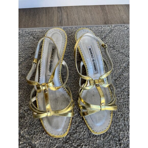 Vintage Manolo Blahnik Gold Metallic Heeled Sandal 37 IT 6.5 US low heel - Picture 2 of 4